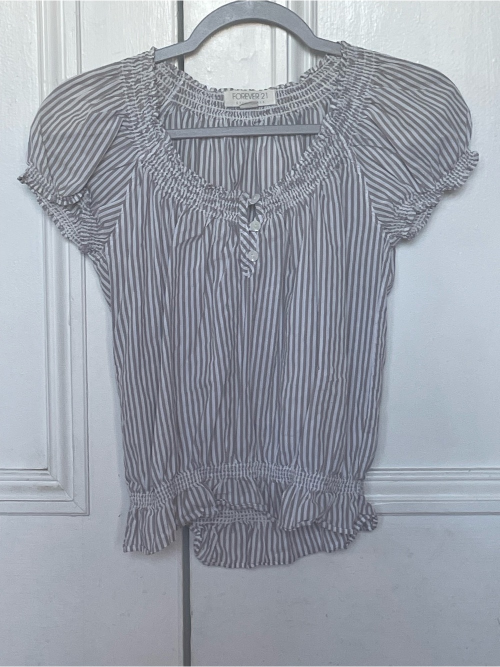 Forever 21 Gray & White Striped Smocked Peasant Blouse